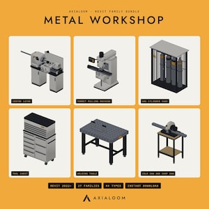 May include: A digital collection titled Axialoom Revit Family Bundle Metal Workshop featuring isometric illustrations of a center lathe, turret milling machine, gas cylinder cage, tool chest, welding table, and a cold saw and chop saw.