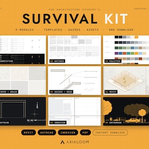 May include: A digital architecture student survival kit featuring nine modules including annotation, hatches, palettes, paper grain, guides, Revit, AutoCAD, InDesign, and entourage assets. The yellow background displays text and grid lines.