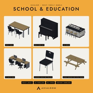 May include: A digital catalog titled AXIALOOM REVIT FAMILY BUNDLE SCHOOL & EDUCATION featuring isometric illustrations of furniture including a pupil table, music room set, lab bench, IT suite desk, stacking chair, and picnic bench.