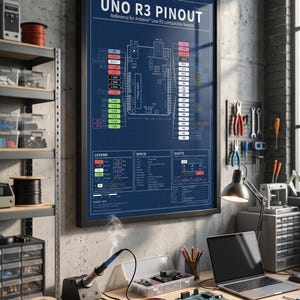 May include: A framed wall poster featuring a blue technical blueprint titled UNO R3 PINOUT, displaying detailed diagrams, pin labels, and specifications for Arduino Uno compatible boards with white text and colorful accents.