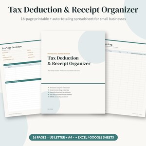 Rastreador de deducciones fiscales, organizador de recibos para pequeñas empresas (imprimible) + Google Sheets Excel, registro de gastos y kilometraje, oficina en casa, preparación de impuestos 2027