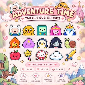 May include: A set of 15 pixel art Adventure Time Twitch sub badges featuring characters like Finn, Jake, and BMO. The text reads ADVENTURE TIME TWITCH SUB BADGES, INCLUDES 3 SIZES: 18x18, 36x36, 72x72, INSTANT DOWNLOAD, 15 SUB BADGES, TRANSPARENT PNG FILES, READY FOR TWITCH.