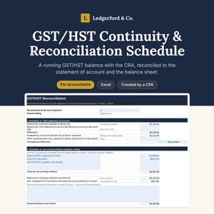 Op de afbeelding: Een digitaal sjabloon voor een GST/HST-continuïteits- en reconciliatieschema van Ledgerford & Co. Het document bevat secties voor het afstemmen van CRA-overzichten met balansen uit boekhoudsoftware, inclusief velden voor belastingperiodes en saldi.