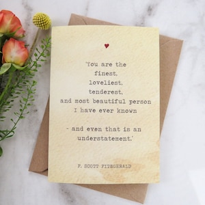 Biglietto di San Valentino letterario con citazione di F.Scott Fitzgerald, biglietto per anniversario, amante dei libri, biglietto d’auguri letterario, San Valentino, matrimoni
