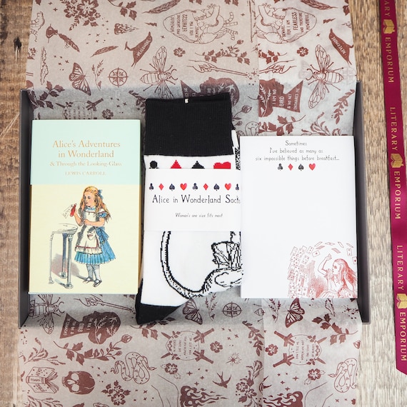 Alice in Wonderland Gift Set Gift Book Lover Lewis Carroll Literature Gift  Stationery Socks Book Gift Hamper 