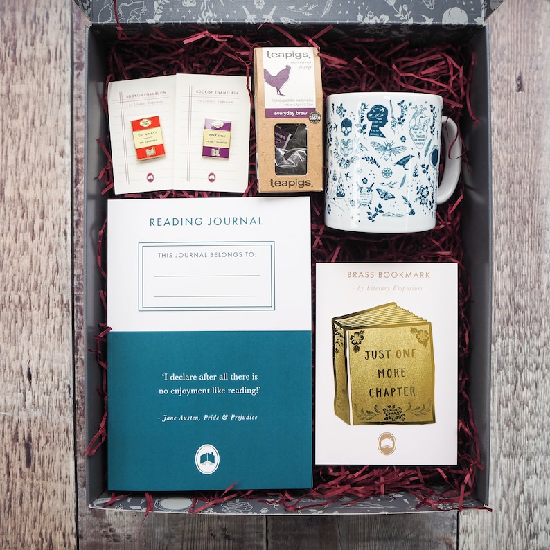 Book Lover Gift Set Tea Gift Hamper Mug Reading Journal Book Gift Box Enamel Pin Literature Gift image 5