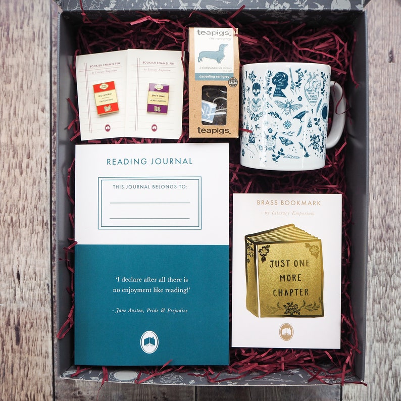 Book Lover Gift Set Tea Gift Hamper Mug Reading Journal Book Gift Box Enamel Pin Literature Gift image 1