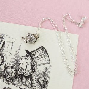 Alice in Wonderland Silver Teapot Necklace Literature Gift for Book Lover Alice Jewellery Madhatters Tea Party Necklace Pendant image 4