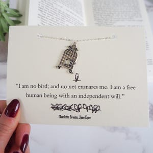 Collier Jane Eyre - Collier cage à oiseaux en argent - Citation de Jane Eyre - Cadeau pour amoureux des livres - Charlotte Brontë - Cadeau littéraire