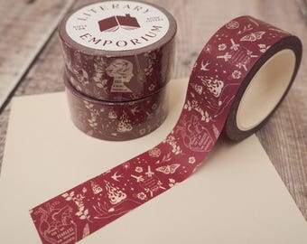 Burgundy Washi Tape - Bookish Pattern - Paper Tape - Decorative Tape - Bullet Journal
