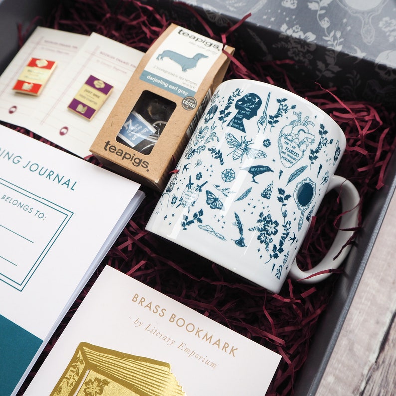 Book Lover Gift Set Tea Gift Hamper Mug Reading Journal Book Gift Box Enamel Pin Literature Gift image 3