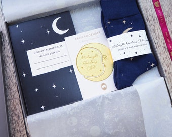 Midnight Readers Club Gift Set - Gift for Book Lover - Gift Hamper - Reading Journal - Socks - Bookmark - Moon and Stars