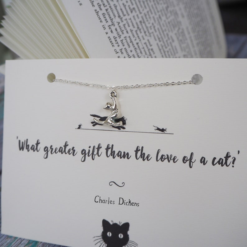 Cat Lover Necklace Gift for Cat Lover Charles Dickens Silver Cat Necklace Cat Jewellery Kitty Necklace Pet Gift Bookish image 3