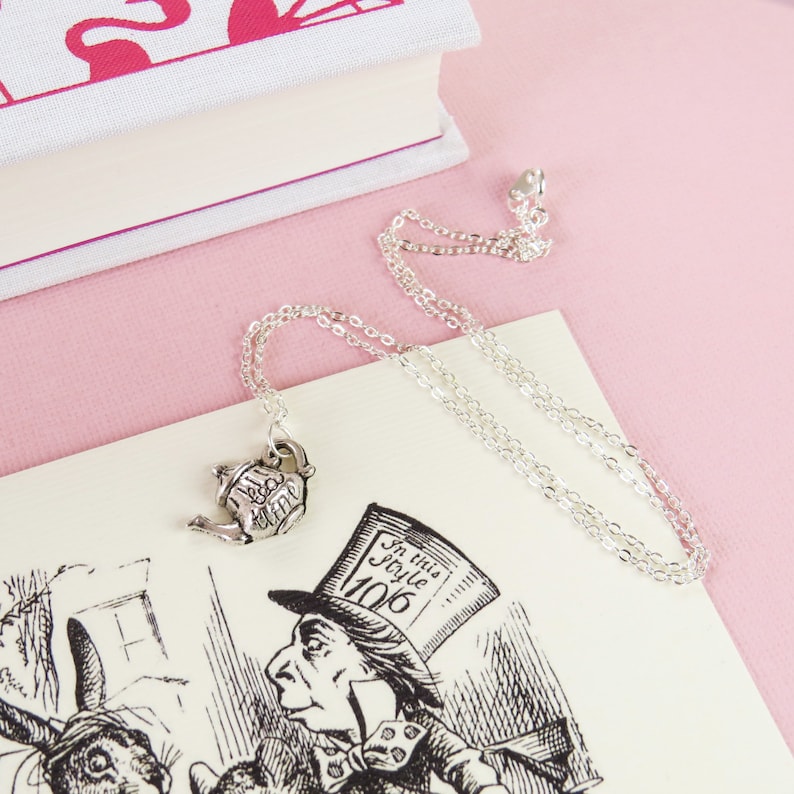 Alice in Wonderland Silver Teapot Necklace Literature Gift for Book Lover Alice Jewellery Madhatters Tea Party Necklace Pendant image 1