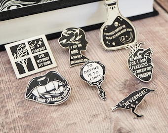 Gothic Literature Enamel Pin Set – Full Collection of 7 Literary Quote Pin Badges – Book Lover Gift – Dark Academia Accessories - Bookish