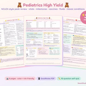 Könnte beinhalten: Ein digitaler Studienleitfaden mit dem Titel Pediatrics High Yield, der drei Seiten mit medizinischen Notizen, Tabellen und Diagrammen zu Vitalwerten, Meilensteinen, Impfstoffen und Flüssigkeiten enthält. Das Dokument umfasst Text, Symbole und ein Badge.