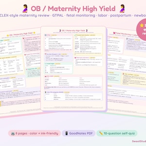 Könnte beinhalten: Drei Seiten OB/Maternity High Yield Lernnotizen mit NCLEX-Style Geburtsvorbereitung, GTPAL, fetaler Überwachung, Wehen, Wochenbett und Neugeborenen-Themen. Die Dokumente enthalten Tabellen, Listen und Text in einem hellrosa und weißen Farbschema.