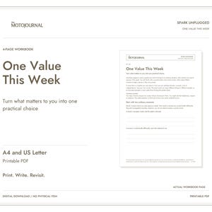以下が含まれることがあります： One Value This Weekというタイトルの4ページのワークブック。A4およびUSレターサイズのデジタルダウンロード可能なPDF形式です。文書には、個人的な価値観を実践的な選択に変えるためのテキストプロンプトが含まれており、すっきりとしたレイアウトで構成されています。