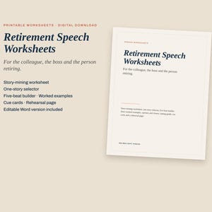 Retirement Speech Template, Printable and Editable Retirement Tribute Worksheets with Examples, Cue Cards and Timing Guide