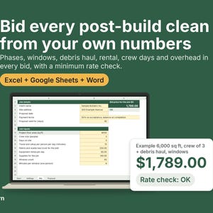 Post Construction Cleaning Bid Calculator, Builders Clean Quote Spreadsheet, Excel Google Sheets