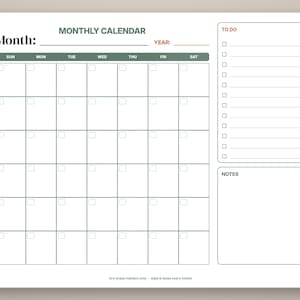 May include: A white dry-erase monthly calendar board with a green header, featuring a grid for days of the week, a to-do list section with checkboxes, and a notes section. The text reads Monthly Calendar, Month, Year, To Do, and Notes.