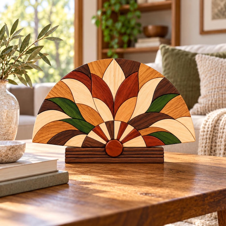Tan Mosaic Pattern Wooden Fan Intarsia Pattern PDF, Printable Scroll Saw Template, DIY ...
