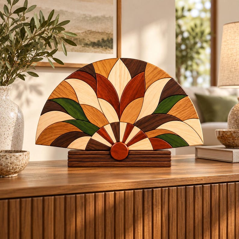 Tan Mosaic Pattern Wooden Fan Intarsia Pattern PDF, Printable Scroll Saw Template, DIY ...