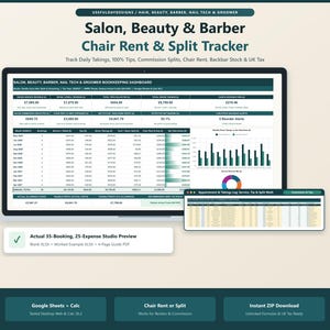 Könnte beinhalten: Ein digitales Buchhaltungs-Dashboard für Salon-, Beauty- und Friseurprofis auf einem Laptop-Bildschirm. Die Benutzeroberfläche zeigt Tabellen, Diagramme und Finanzdaten zur Nachverfolgung von täglichen Einnahmen, Trinkgeldern und Steuern.