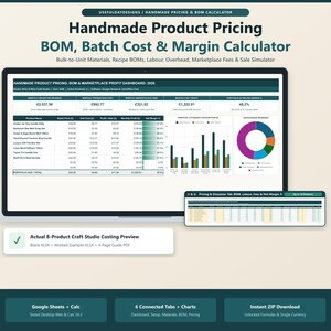 Puede incluir: Un panel digital para el cálculo de precios, listas de materiales, costes de lotes y márgenes de productos artesanales. La pantalla muestra una hoja de cálculo con datos financieros, gráficos de barras y un gráfico circular.