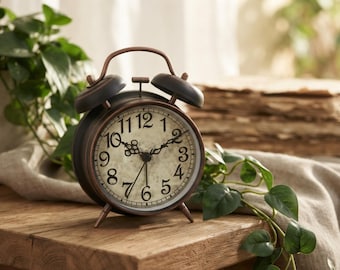 May include: A round, dark-toned metal alarm clock with a weathered, off-white clock face featuring black Arabic numerals and ornate black hands. The clock has two top bells, a handle, and four small feet, all in a matching dark metal finish.