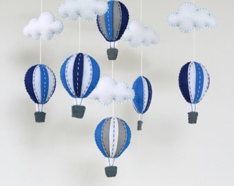 Navy and white hot air balloons baby mobile, baby mobile, Navy and white