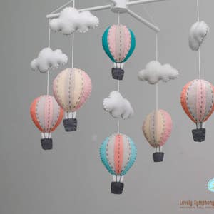 Pastel living coral hot air balloons baby mobile - baby mobile - peach blue rose gold