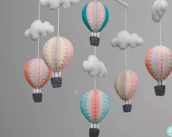 Pastel living coral hot air balloons baby mobile - baby mobile - peach blue rose gold