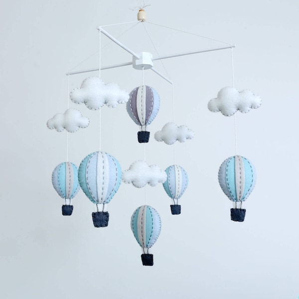 Pastel blue and grey hot air balloons baby mobile, baby mobile, winter nursery, adventure nursery decor