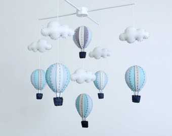 Pastel blue and grey hot air balloons baby mobile, baby mobile, winter nursery, adventure nursery decor