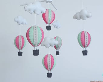 Pastel pink and mint hot air balloons baby mobile, baby mobile, pink baby mobile, girl baby mobile