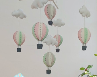 Pastel pale green and pink hot air balloons baby mobile - baby mobile - girl nursery decor