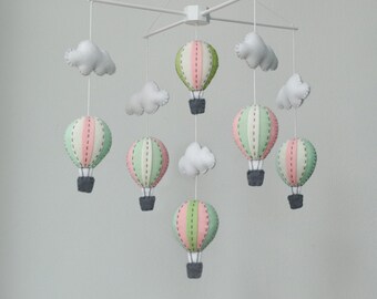 Mint green and pink baby mobile, handmade baby mobile, up in the air, Nursery decoration, up in the sky