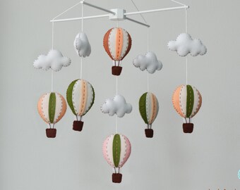 Peach pink and green handmade hot air balloon baby mobile - baby mobile