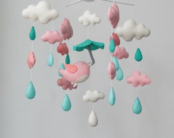 Pastel rain drops baby mobile, peach and blue bird and cloud baby mobile. umbrella in the rain baby mobile.