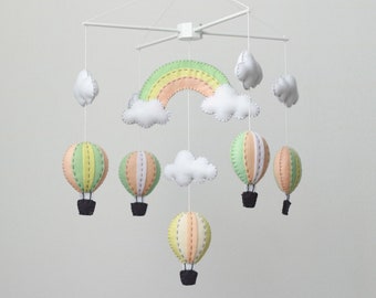 Pastel mint peach and yellow rainbow hot air balloons baby mobile, pastel hot air balloons baby mobile