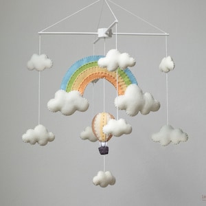 Rainbow and hot air balloons baby mobile, Muted rainbow baby mobile.