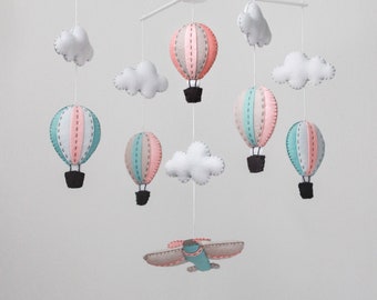 Pink, light blue hot air balloons and airplane baby mobile - baby mobile - airplane baby mobile