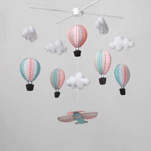 Pink, light blue hot air balloons and airplane baby mobile - baby mobile - airplane baby mobile