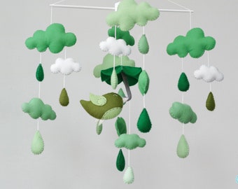 Green rain drops baby mobile, green bird and cloud baby mobile. umbrella in the rain baby mobile.