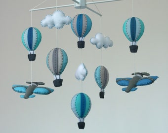 Hot air balloons and airplanes baby mobile, explorer nursery decor.