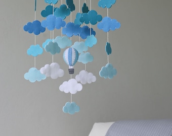 Shades of blue cloud bank baby mobile, clouds mobile, hot air balloons clouds baby mobile, up in the sky-blues