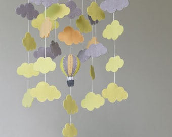 Yellow & grey cloud bank baby mobile, clouds mobile, hot air balloons mobile, up in the sky baby mobile