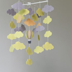 Yellow & grey cloud bank baby mobile, clouds mobile, hot air balloons mobile, up in the sky baby mobile