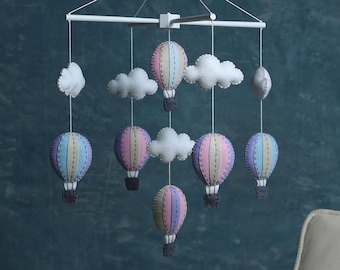 Pastel purple and blue hot air balloons baby mobile, baby mobile, up in the air mobile